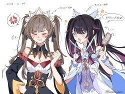  2girls alternate_hairstyle anger_vein annoyed black_bow black_collar black_dress black_hair black_sleeves blush bonnet bow brown_hair clenched_hand closed_eyes collar collarbone columbina_(genshin_impact) commentary_request dated detached_collar detached_sleeves dress eye_mask flower_symbol frilled_sleeves frills gem genshin_impact hair_brush head_wings highres holding holding_brush long_hair mask multicolored_hair multiple_girls multiple_wings nononono_bouzu purple_hair purple_streaks red_gem sandrone_(genshin_impact) see-through_clothes see-through_mask spoken_anger_vein streaked_hair twintails twitter_username upper_body very_long_hair white_background white_bow white_dress white_headdress white_mask wide_sleeves wings x-shaped_eyewear 