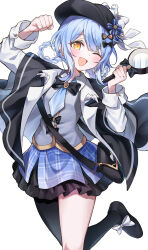  1girl ;d absurdres black_bow black_capelet black_hat black_pantyhose black_shoes blue_hair blue_necktie blue_skirt bow capelet collared_shirt commentary_request detective grey_vest hair_bow hair_rings hat highres holding holding_magnifying_glass light_blush magnifying_glass mahou_shoujo_no_majo_saiban necktie one_eye_closed open_mouth pantyhose plaid_clothes plaid_skirt shirt shoes short_hair simple_background single_leg_pantyhose skirt smile solo tachibana_sherry vest warojiku white_background white_shirt yellow_eyes 
