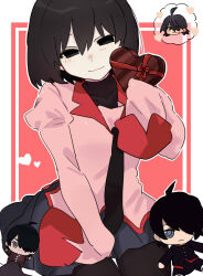  1girl :3 absurdres araragi_koyomi black_eyes black_hair black_necktie black_pantyhose black_shirt black_skirt blush bob_cut border bow box box_of_chocolates breasts character_doll chocolate closed_mouth collared_shirt commentary covered_collarbone doll dress_shirt empty_eyes food gift hair_between_eyes head_tilt heart heart-shaped_box highres holding holding_box holding_chocolate holding_food holding_gift juliet_sleeves light_blush light_smile long_sleeves monogatari_(series) naoetsu_high_school_uniform narrowed_eyes necktie on_ground oshino_ougi outside_border pale_skin pantyhose pink_shirt puffy_long_sleeves puffy_sleeves red_background red_bow red_ribbon red_trim ribbon school_uniform shirt short_hair sitting skirt sleeves_past_fingers sleeves_past_wrists small_breasts smile solo speech_bubble spoken_character thigh_gap thought_bubble tsugumi_(tgm_615486) turtleneck untranslatable_commentary valentine wariza white_border 