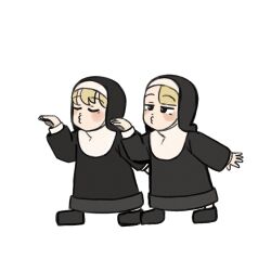  2girls black_shoes blonde_hair chibi closed_eyes clumsy_nun_(diva) commentary diva_(hyxpk) english_commentary highres little_nuns_(diva) multiple_girls nun shoes spicy_nun_(diva) traditional_nun white_background 
