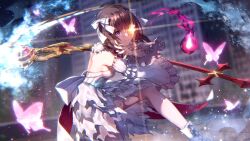  1girl back_bow bare_shoulders blurry blurry_background bob_cut boots bow breasts brown_hair bug butterfly closed_mouth detached_sleeves dress eyepatch feet_out_of_frame fighting_stance flower frilled_dress frilled_sleeves frills glowing glowing_butterfly glowing_eye glowing_weapon hair_bow hands_up heaven_burns_red highres hiiragi_kozue holding holding_scythe lace-up_boots light_particles long_sleeves looking_at_viewer medium_breasts medium_hair night official_alternate_costume official_art one_eye_covered outdoors pantyhose pink_butterfly rose scythe serious sleeveless sleeveless_dress solo standing torn_clothes torn_dress torn_pantyhose v-shaped_eyebrows violet_eyes weapon white_boots white_bow white_dress white_pantyhose wide_sleeves yellow_flower yellow_rose 