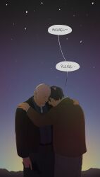  2boys bald beard beard_stubble better_call_saul black_jacket breaking_bad english_text facial_hair gun highres holding holding_gun holding_weapon hug jacket male_focus mike_ehrmantraut multiple_boys night old old_man shooting_star sky star_(sky) starry_sky stubble utm_alt weapon werner_ziegler 