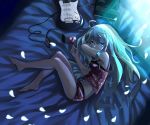  1girl apple camisole electric_guitar food fruit green_eyes green_hair guitar hatsune_miku headphones instrument kamisa long_hair lying on_side petals romeo_to_cinderella_(vocaloid) solo vocaloid 
