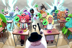  5girls 6+boys ? animal_ears antennae antlers aura bald black_eyes black_hair black_hat black_necktie blonde_hair blue_hair blue_shirt brain bright_pupils buck_teeth chair classroom closed_eyes closed_mouth colored_skin crossover deer deer_antlers deer_ears deltarune desk donkey_kong_(series) donkey_kong_bananza dougi dragon_ball dragon_ball_z drill_hair electricity electrocution everyone freckles furry furry_male gloves green_eyes hat highres holding holding_sign hollow_knight hollow_knight:_silksong homestar_runner hornet_(hollow_knight) horns jerry_(tom_and_jerry) kamiko_(game) kasane_teto katamari_damacy lightning link long_hair looking_at_another looking_at_viewer luchador_mask mask mesmerizer_(vocaloid) multiple_boys multiple_crossover multiple_girls necktie noelle_holiday noelle_holiday_(dark_world) odd_rock open_mouth orange_shirt palm_tree pants peanuts_(comic) pianta pikmin_(series) pikmin_2 pointy_ears puniru_(puniru_wa_kawaii_slime) puniru_wa_kawaii_slime purple_hair quiz red_eyes red_hair red_hat red_pants reindeer reindeer_antlers school_chair school_desk shirt short_hair short_sleeves sign sirei_(hundred_line) sitting slime_(creature) smile smiley_hat_ornament snoopy son_goku spiky_hair steamroller striped_clothes striped_shirt strong_bad stup-jam super_mario_bros. super_mario_sunshine super_saiyan suspenders teeth the_hundred_line_-last_defense_academy- the_legend_of_zelda the_legend_of_zelda:_link's_awakening the_prince_(katamari_damacy) tile_floor tiles tom_and_jerry top_hat tree twin_drills utau utdr_(toby_fox) waterwraith white_hair white_pupils white_shirt yamato_(kamiko) yellow_gloves 