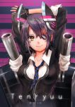  1girl arms_behind_head arms_up checkered_necktie eyepatch fingerless_gloves gloves headgear kantai_collection looking_at_viewer mecha_musume necktie personification purple_hair school_uniform short_hair smile solo tenryuu_(kantai_collection) tsubasa19900920 yellow_eyes 