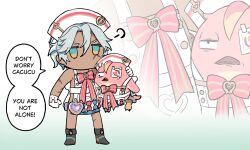  1boy absurdres apron aqua_bow bird bow bowtie cacucu_(genshin_impact) completely_unamused cosplay dark-skinned_male dark_skin english_text eyepatch genshin_impact gloves hair_between_eyes hat highres holding ifa_(genshin_impact) lapels male_focus medical_eyepatch naked_apron neck_tattoo nurse_cap open_clothes red_bow red_bowtie sakana_(fishchunk) scar scar_across_eye scar_on_arm scar_on_face short_hair sigewinne_(genshin_impact) sigewinne_(genshin_impact)_(cosplay) tattoo unamused white_apron white_gloves white_hair white_hat 