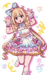  1girl :o betti_(xx_betti) blonde_hair bow braid brown_eyes bug butterfly character_name dress flower food foot_out_of_frame fruit futaba_anzu gradient_clothes gradient_dress hair_bow hair_flower hair_ornament hands_up highres idolmaster idolmaster_cinderella_girls layered_dress long_hair looking_at_viewer low_twin_braids open_hands open_mouth pink_flower pink_rose polka_dot polka_dot_bow rose sandals solo standing standing_on_one_leg strawberry twin_braids white_dress white_flower wrist_cuffs 