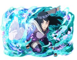  1girl black_boots black_hair blue_pants boots forehead_protector grey_eyes grey_hoodie hood hoodie hyuuga_hinata konohagakure_symbol long_hair looking_at_viewer naruto_(series) naruto_shippuuden naruto_shippuuden:_ultimate_ninja_blazing official_art open-toe_boots pants purple_hoodie solo two-tone_hoodie 