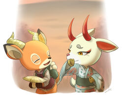  1boy 1girl animal_crossing beau_(animal_crossing) blue_kimono brown_jacket deer_boy deer_girl furry furry_female green_bag highres hoishere7 holding holding_mushroom jacket japanese_clothes kimono laughing mushroom shino_(animal_crossing) smile wide_sleeves yellow_eyes 