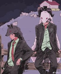 2boys absurdres adachi_tooru animal_costume barn black_eyes black_pants chinese_commentary closed_mouth collared_shirt commentary_request feet_out_of_frame fence highres horns long_sleeves looking_at_another male_focus multiple_boys narukami_yu necktie night outdoors pants persona persona_4 red_necktie sheep_costume sheep_horns shirt sitting smile tail wolf_costume yancc 