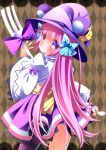  1girl :t argyle argyle_background dumpty_alma emil_chronicle_online fork gradient_hair hair_ribbon hat highres long_hair looking_at_viewer looking_back multicolored_hair pink_hair pout purple_hair puzzle_&amp;_dragons ribbon solo tears violet_eyes wide_sleeves zefa_(neoaltemice) 