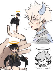  2boys 462_pkmn alternate_universe angel angel_and_devil angel_wings armor black_cape black_eyes black_hair black_sandals black_shirt black_shorts black_wings blood blood_on_face blue_eyes blue_horns blush bracelet cape chain cheng_xiaoshi cheng_xiaoshi_(angel) chibi chibi_inset commentary_request demon_boy demon_horns earrings feathered_wings flying_sweatdrops gold_chain gold_earrings gold_necklace hair_between_eyes halo head_wings holding holding_mini_person horns implied_yaoi jewelry long_sleeves looking_at_another lu_guang lu_guang_(devil) male_focus mini_person miniboy multiple_boys multiple_views neck_ring necklace official_alternate_costume open_mouth ponytail profile robe sandals shiguang_dailiren shirt short_hair short_ponytail shorts shoulder_armor simple_background sitting size_difference smile sweatdrop traditional_halo wariza white_background white_hair white_shirt wings yellow_eyes 