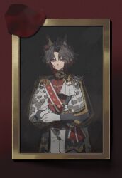  1girl animal_ears ascot black_background blue_jacket border brooch brown_hair cape closed_mouth commentary cowboy_shot crossdressing crossdressing_(ftm) dot_nose dress_pants ear_ornament english_commentary epaulettes expressionless flower flower_brooch formal_clothes gloves gold_buttons gradient_hair hair_flower hair_ornament halcyon1925 highres horse_ears horse_girl jacket jewelry multicolored_hair multicolored_jacket own_hands_together painting_(object) pants parted_bangs petals picture_frame red_border red_eyes red_flower red_hair red_jacket red_rose rose rose_kingdom_(umamusume) rose_petals shawl short_hair sleeve_cuffs solo suit thorns two-tone_hair two-tone_jacket umamusume vertical-striped_sleeves wavy_hair white_ascot white_cape white_gloves white_pants white_shawl yellow_flower yellow_rose 