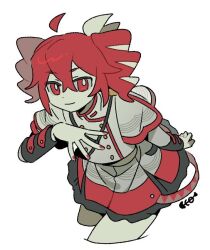  1girl bow buttons cropped_legs double-breasted drill_hair grey_jacket grey_skirt hand_up hashtag-only_commentary jacket kasane_teto kasane_teto_(sv) looking_at_viewer musical_staff musical_staff_print red_eyes red_hair red_nails red_trim ribbon shoulder_belt shoulder_boards skirt sleeve_cuffs solo synthesizer_v tsuki_(kanzume1044) twin_drills white_background white_bow white_ribbon 