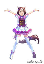  1girl absurdres animal_ears asymmetrical_footwear blush bow braid brown_hair commentary_request ear_bow ear_ribbon full_body half_up_braid highres horse_ears horse_girl horse_tail jacket looking_at_viewer mismatched_footwear multicolored_hair open_mouth purple_bow purple_ribbon purple_vest ribbon shirt short_hair short_sleeves simple_background skirt smile solo special_week_(special_dreamer)_(umamusume) special_week_(umamusume) tail tawashi_hechima teeth thigh-highs two-tone_hair umamusume upper_teeth_only vest violet_eyes white_background white_hair white_skirt white_thighhighs 