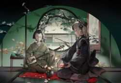  1girl arch black_hair black_kimono blanket blue_archive bonsai border branch building cherry_blossoms closed_eyes closed_mouth commentary_request day demon_horns dress_form flower flower_pot full_body gable_roof green_kimono green_theme hair_flower hair_ornament halo highres horns ikebana indoors instrument japanese_clothes kayoko_(blue_archive) kayoko_(new_year)_(blue_archive) kimono kneeling leotard looking_at_object multicolored_hair obi pool print_kimono red_carpet revision round_border sash scissors scroll seiza shadow shamisen sitting solo table tatami thatched_roof tree two-tone_hair vaulted_ceiling washitsu white_hair window yunkkker 