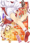  1girl ascot blonde_hair bloomers candy flandre_scarlet gurasion_(gurasion) hat m&amp;m&#039;s open_mouth plaid plaid_background red_eyes short_hair side_ponytail skirt skirt_set smile solo touhou underwear wings wrist_cuffs 