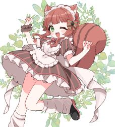  1girl absurdres animal_ears apron black_dress black_shoes bow bowtie brown_hair commentary_request commission dress feet_out_of_frame frilled_apron frilled_dress frills green_eyes hair_bow highres leg_up leg_warmers light_blush looking_at_viewer maid maid_headdress one_eye_closed open_mouth original outstretched_arms red_bow red_bowtie shoes short_hair_with_long_locks skeb_commission smile solo squirrel_ears squirrel_girl squirrel_tail standing standing_on_one_leg striped_bow striped_clothes striped_dress sukoyaka_(100hituzi) tail teeth upper_teeth_only vertical-striped_clothes vertical-striped_dress white_apron white_background white_leg_warmers 