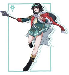  1girl absurdres aiguillette aqua_border aqua_skirt ascot black_boots black_hair blush boots border commentary_request daua_history drop_shadow flower_symbol full_body fur-trimmed_jacket fur_trim green_jacket hands_up highres holding holding_mace holding_weapon inset_border jacket jacket_on_shoulders leg_up long_hair long_sleeves looking_ahead mace miniskirt open_mouth outside_border outstretched_arm partially_unbuttoned red_jacket red_sash sash shirt shoujo_kageki_revue_starlight shoulder_sash single_horizontal_stripe skirt solo sparkle sparkling_eyes standing standing_on_one_leg striped_clothes striped_skirt sweatdrop tassel teeth tsuyuzaki_mahiru two_side_up upper_teeth_only violet_eyes waist_cape weapon white_ascot white_background white_shirt 
