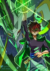  1boy absurdres black_hair blue_pants card commentary cowboy_shot digimon digimon_(creature) digimon_card_game digimon_liberator dragon green_jacket highres holding holding_card horns jacket jacket_on_shoulders kazama_shoto male_focus multicolored_hair pants red_hair richard_park short_hair single_horn streaked_hair trading_card two-tone_hair vortexdramon 