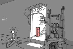  1girl absurdres barefoot between_legs commentary condenser_unit greyscale hand_between_legs highres kaduise monochrome no_pants on_ground original oversized_clothes oversized_shirt shirt short_hair signature sitting solo spot_color 