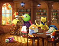  abra artist_name autumn_leaves backpack bag blue_hat blue_sky blue_vest book bookshelf braixen breast_pocket budew caterpie closed_eyes closed_mouth clothed_pokemon clouds commentary cosmoem day dedenne ditto english_commentary fangs floating fuecoco glasses hands_on_own_head hat holding holding_book impidimp indoors ladder lampent leaf lying nostrils on_stomach on_table open_book open_mouth paper pencil pocket pointy_ears pokemon pokemon_(creature) pokemon_focus psyduck round_eyewear shirt short_sleeves shroomish signature sitting sky smile standing stepladder sunflora sweat table tearing_up telekinesis the_very_hungry_caterpillar thecalendork tongue tongue_out transformed_ditto tree vest watermark wavy_eyes white_shirt window window_shadow xatu 