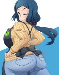  1girl apron aqua_eyes ass blue_background blue_hair breasts crab_club gundam gundam_build_fighters haro iori_rinko jeans large_breasts light_smile long_hair looking_at_viewer looking_back ribbed_sweater solo sweater white_background wink 