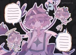  3others ? @_@ absurdres amoris_(aam0ris) androgynous angel angel_and_devil angel_wings artist_name bare_arms bare_legs barefoot black_background closed_mouth collarbone collared_dress confused demon demon_horns demon_tail detached_wings dot_nose dress energy_wings eyes_visible_through_hair finger_to_cheek flower frown furrowed_brow halo happy hashtag-only_commentary highres holding holding_pitchfork horns japanese_clothes len'en light_blush looking_at_viewer multiple_others multiple_persona open_mouth other_focus outline pink_flower pink_hair pink_wings pitchfork red_horns red_tail shion_(len'en) short_hair short_sleeves shoulder_angel shoulder_devil simple_background smile speech_bubble tail talking thinking traditional_halo triangular_headpiece violet_eyes watermark white_dress white_outline white_wings wings yellow_halo 