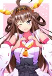  1girl ahoge black_eyes braid brown_hair detached_sleeves hairband heart heart_hands japanese_clothes kantai_collection kongou_(kantai_collection) looking_at_viewer ookami_maito personification smile solo wink 