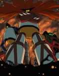  bone cape crossed_arms drill embers getter-1 getter-2 getter-3 getter_robo glowing glowing_eyes looking_down no_humans shouji_2 smoke torn_cape 