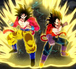  2boys abs absurdres aura black_hair blue_eyes blue_pants boots dragon_ball dragon_ball_gt electricity fighting_stance full_body highres kad_productions long_hair male_focus multiple_boys muscular muscular_male pants son_goku spiky_hair super_saiyan super_saiyan_4 topless_male vegeta yellow_eyes yellow_pants 