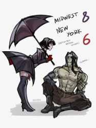  1boy 1girl abs absurdres artist_name barbed_wire bent_over black_boots black_dress black_hair black_umbrella bob_cut bolt_(hardware) boots brown_pants colored_skin commentary dazzria deadlock_(game) dress english_commentary gloves high_heel_boots high_heels highres holding holding_umbrella looking_down mina_(deadlock) multicolored_skin no_shirt on_floor pale_skin pants patchwork_skin red_gloves red_lips short_hair stitched_neck stitches talking thigh_boots umbrella vampire victor_(deadlock) white_background 