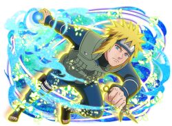 1boy black_boots blonde_hair blue_eyes blue_jacket blue_pants boots flak_jacket forehead_protector green_jacket holding holding_weapon jacket konohagakure_symbol looking_at_viewer namikaze_minato naruto_(series) naruto_shippuuden naruto_shippuuden:_ultimate_ninja_blazing official_art open-toe_boots pants rasengan short_hair solo weapon 