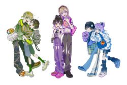  1other 3boys 5fuktk :d :o abs absurdres ahoge alternate_costume animal_bag animal_charm animal_print arm_around_neck arm_strap arm_tattoo arm_warmers arms_around_neck arms_around_waist bag bag_charm beanie belt black_hairband black_hat black_leg_warmers black_shirt black_shoes black_shorts black_trim blonde_hair blue_bag blue_hoodie blue_shoes blue_shorts blunt_bangs blunt_ends bow bracelet bright_pupils brown_hair character_name charm_(object) clothes_writing colored_eyelashes crocs crown_tattoo denim denim_shorts dot_nose epel_felmier frilled_pants frills from_side front-to-back full_body gradient_hair green_eyes green_shirt green_socks grey_bag grey_pants grid_print grid_teeth hair_behind_ear hair_between_eyes hair_ornament hair_rings hairband hairpin half_updo hands_up hat hat_ornament head_tilt headphones headphones_around_neck heart heart_o-ring heart_print height_difference highres holding holding_another's_wrist holding_stuffed_toy hood hood_down hoodie hunched_over interlocked_fingers jacket jeans jewelry kneehighs layered_shirt layered_sleeves leaning_forward leaning_on_person leg_tattoo leg_warmers legs_apart long_sleeves looking_at_viewer low_ponytail male_underwear male_underwear_peek medium_hair multicolored_hair multiple_boys multiple_hairpins multiple_views navel o-ring o-ring_arm_strap orange_eyes orange_shirt orange_shoes own_hands_together pale_skin pants parted_bangs pink_bag platform_sandals pomefiore_dorm ponytail purple_bow purple_hair purple_pants purple_shirt purple_shorts purple_trim quilted_bag rabbit_bag rabbit_charm rabbit_hair_ornament rabbit_hat_ornament rabbit_print raised_eyebrows rectangular_mouth rook_hunt sandals shirt shoes short_hair short_ponytail short_sleeves shorts shoulder_bag sideways_glance simple_background skinny slides smile sneakers socks standing standing_on_one_leg star_(symbol) star_hair_ornament stomach_tattoo striped_clothes striped_shirt stuffed_animal stuffed_rabbit stuffed_toy tattoo tongue tongue_out track_jacket track_pants track_suit twisted_wonderland underwear v v-shaped_eyebrows v_over_mouth vil_schoenheit violet_eyes white_background white_bag white_belt white_hoodie white_pants white_pupils white_sandals white_shoes yellow_arm_warmers yuu_(twisted_wonderland) 