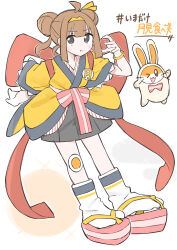  >_o 1girl :t ;d absurdres ahoge animal_costume back_ribbon badge bandaid bandaid_on_knee bandaid_on_leg black_eyes black_skirt black_trim blush bow bowtie bracelet brown_hair button_badge character_name closed_mouth commentary cut_bangs double_bun french_fries_hair_ornament frikuriku02070720 full_body furisode_sleeves gold_bracelet hair_bun hair_ornament hairband hamster hand_up happi hashtag highres imadake_dabuchi_tabesuke imadake_tsukimi_tabemi japanese_clothes jewelry kanzashi kimono looking_at_viewer mcdonald's okobo one_eye_closed open_mouth pink_bow pink_bowtie pink_sandals pink_sash platform_sandals pleated_skirt pout rabbit_costume red_ribbon ribbon sandals sash short_hair short_sleeves simple_background skirt smile socks standing striped_clothes striped_kimono tabi translated vertical-striped_clothes vertical-striped_kimono white_background white_kimono white_socks wide_sleeves yellow_hairband yellow_happi 
