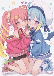  2girls black_shorts blonde_hair blue_hair blue_jacket blush dress duel_monster green_eyes hat heart highres jacket ki-sikil_(yu-gi-oh!) kneeling lil-la_(yu-gi-oh!) live_twin_ki-sikil live_twin_lil-la multicolored_hair multiple_girls pink_hair red_jacket shorts simple_background takatsurt twintails two-tone_hair violet_eyes white_background white_dress white_hat yu-gi-oh! 