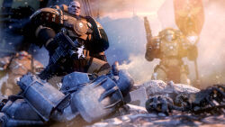  3d 4boys aiming antennae armor armored_boots bald banner battle_standard boots breastplate brotherhood_of_steel brown_armor building crossover eagle_head_(ornament) fallout faulds fog full_armor full_body gauntlets greaves grey_armor gun helmet holding holding_bolter holding_gun holding_weapon imperial_aquila imperium_of_man lightning_bolt_symbol lying missing_headwear multiple_boys outdoors pauldrons pelvic_curtain power_armor power_armor_(fallout) pteruges red_flag science_fiction shoulder_armor skeleton smile snip105 snow snowing thunder_warriors tube vambraces war_banner warhammer_40k weapon winter 