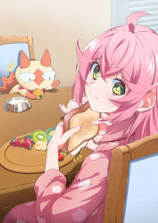  1girl absurdres acro_trip animal_ears banana bell berry_blossom bowl bread bread_slice brown_fur commentary_request eating flinch fluffy_tail food fruit green_eyes hair_down highres holding holding_food kiwi_(fruit) long_hair looking_at_viewer mascot mashirou messy_hair neck_bell pajamas pet_bowl pink_hair pink_pajamas red_ribbon ribbon rio_beginner sitting strawberry symbol_in_eye table tail teapot toast 