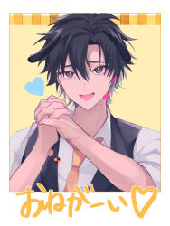  1boy 462_pkmn :d alternate_costume animal_ears black_hair black_vest border brown_eyes cheng_xiaoshi collared_shirt cosplay crossover dog_boy dog_ears hair_between_eyes hands_up headset heart highres kemonomimi_mode looking_at_viewer male_focus microphone necktie open_mouth orange_necktie own_hands_clasped own_hands_together pochacco pochacco_(cosplay) sanrio shiguang_dailiren shirt short_hair short_sleeves simple_background smile solo upper_body vest waiter white_shirt yellow_background 