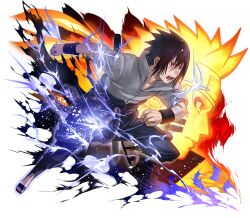  2boys black_hair black_pants blonde_hair electricity forehead_protector grey_jacket jacket male_focus multiple_boys naruto_(series) naruto_shippuuden naruto_shippuuden:_ultimate_ninja_blazing official_art open_mouth pants red_eyes sandals sharingan short_hair teeth uchiha_sasuke upper_teeth_only uzumaki_naruto uzumaki_naruto_(kurama_mode) 