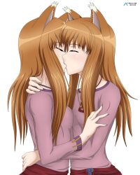  2girls absurdres acrux animal_ear_fluff animal_ears artist_logo artist_name breasts brown_hair closed_eyes commentary commission dated english_commentary hand_around_neck hand_on_another's_arm hand_on_another's_back highres holo kiss logo long_hair long_sidelocks long_sleeves multiple_girls neck_pouch pink_shirt pouch red_sash sash selfcest shirt sidelocks simple_background small_breasts spice_and_wolf time_paradox upper_body white_background wolf_ears wolf_girl yuri 