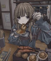  1girl absurdres argyle_clothes argyle_sweater arm_up black_nails blonde_hair brown_eyes chopsticks clam crayfish crumbs dot_nose eating empty_eyes grill gudon_udon highres holding holding_chopsticks holding_tray holding_with_chopsticks jewelry lantern long_hair looking_at_viewer original oyster paper_lantern people print_sweater restaurant ribbed_sweater ring sign sweater tray window 