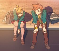  1boy 1girl bag between_legs blue_jacket bracelet brown_eyes brown_pants brown_shirt brown_shoes buttons chidouin_sara closed_mouth collared_shirt commentary_request floor green_necktie hair_ornament hairpin hand_between_legs hand_in_own_hair hands_on_own_knees high_ponytail jacket jewelry kimi_ga_shine kneehighs long_sleeves looking_at_another necktie on_floor pants peonrin pink_skirt ponytail purple_socks school_bag shirt shoes shoulder_bag sitting skirt smile socks sunset tazuna_joe 