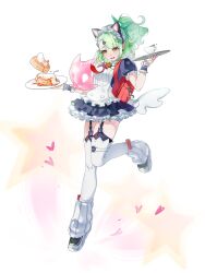  1girl absurdres animal_ear_hairband animal_ears bell black_dress black_garter_straps cat_ear_hairband cat_ears commentary cup dress english_commentary fake_animal_ears food food_request frilled_dress frilled_sleeves frills full_body garter_straps ghost_hair_ornament green_eyes green_hair hair_ornament hairband heart heart_hair_ornament highres holding holding_plate maid maid_headdress multiple_hair_clips neck_bell official_alternate_costume open_mouth plate ponytail red_bag solo standing standing_on_one_leg star_(symbol) sunna_(afternoon_tea_break)_(zenless_zone_zero) sunna_(zenless_zone_zero) sweatdrop triangle_hair_ornament user_fyvy7478 white_background white_wings winged_bag wings zenless_zone_zero 