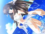  1girl artist_request ass bandeau bikini blue_eyes brown_hair clouds dutch_angle game_cg holding_hands lens_flare long_hair looking_at_viewer looking_back ocean open_mouth randou_sayuri sakuranbo_kaigan sarong sky smile solo swimsuit water white_bikini white_bow white_swimsuit 