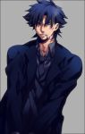  1boy black_eyes black_hair cigarette emiya_kiritsugu facial_hair fate/zero fate_(series) long_coat necktie solo stubble zihad 