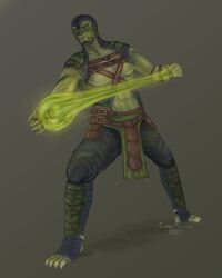1boy 2022 belt belts greenriissan grey_background magic male male_focus mortal_kombat mortal_kombat_x ninja ninja_mask reptile_(mortal_kombat) reptile_boy reptilian sharp_teeth simple_background