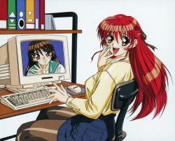  1990s_(style) 2girls at_computer blue_skirt brown_hair brown_pantyhose chair computer computer_keyboard computer_mouse desk hand_on_own_face long_hair long_sleeves looking_at_viewer miniskirt monitor mousepad_(object) multiple_girls non-web_source office_chair open_mouth original pantyhose red_eyes red_hair retro_artstyle sitting skirt smile swivel_chair waving white_background yokota_mamoru 