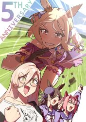  4girls animal_ears animal_print arm_up black_gloves black_hair blonde_hair blush bow bowtie clenched_hand clenched_teeth collarbone commentary_request emphasis_lines fang glasses gloves hair_between_eyes haru_urara_(umamusume) highres horse_ears horse_girl long_hair long_sleeves mason_(ohn0500) medium_hair multiple_girls narita_top_road_(the_proud_road)_(umamusume) narita_top_road_(umamusume) nijisanji nui_sociere open_mouth orange_eyes pink_hair purple_shirt rice_shower_(umamusume) round_eyewear running school_uniform shirt shouting sidelocks single_glove skin_fang sweat teeth tracen_school_uniform umamusume upper_body v-shaped_eyebrows virtual_youtuber white_bow white_bowtie white_shirt winter_uniform 