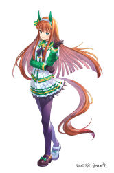  1girl absurdres animal_ears asymmetrical_footwear black_bow black_gloves black_pantyhose blunt_bangs blush bow closed_mouth commentary_request ear_covers full_body gloves green_eyes green_sailor_collar hairband highres hime_cut horse_ears horse_girl horse_tail long_hair long_sleeves looking_at_viewer mismatched_footwear orange_hair orange_tail pantyhose pleated_skirt sailor_collar silence_suzuka_(innocent_silence)_(umamusume) silence_suzuka_(umamusume) simple_background skirt smile solo tail tawashi_hechima umamusume white_background white_hairband white_skirt 